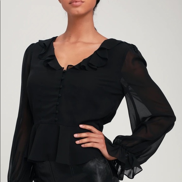 Lulus Tops - Lulu's Coralee Black Button-Up Long Sleeve Peplum